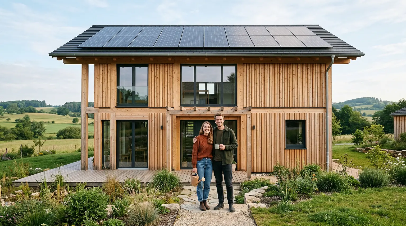 Eine junge Familie vor ihrem neu gebauten, klimafreundlichen KfW-Effizienzhaus