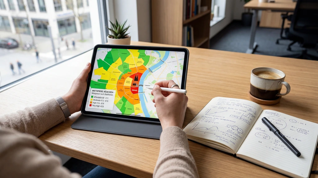 Ein Tablet zeigt einen digitalen Stadtplan mit farbigen Markierungen für unterschiedliche Mietniveaus, daneben liegt ein Notizblock.