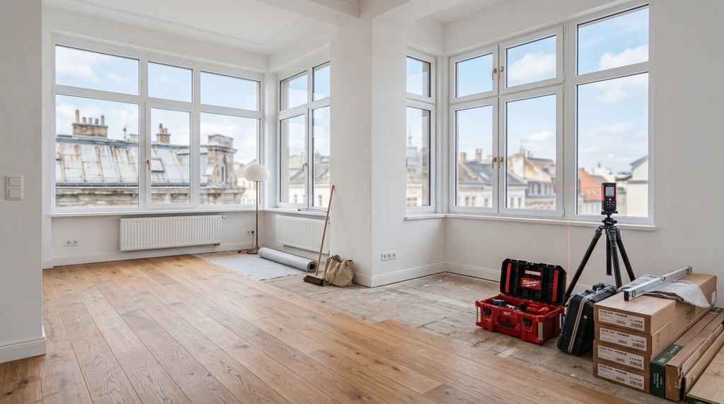 Ein frisch renovierter Raum mit neuen Fenstern und Werkzeug symbolisiert eine umfassende Modernisierung.