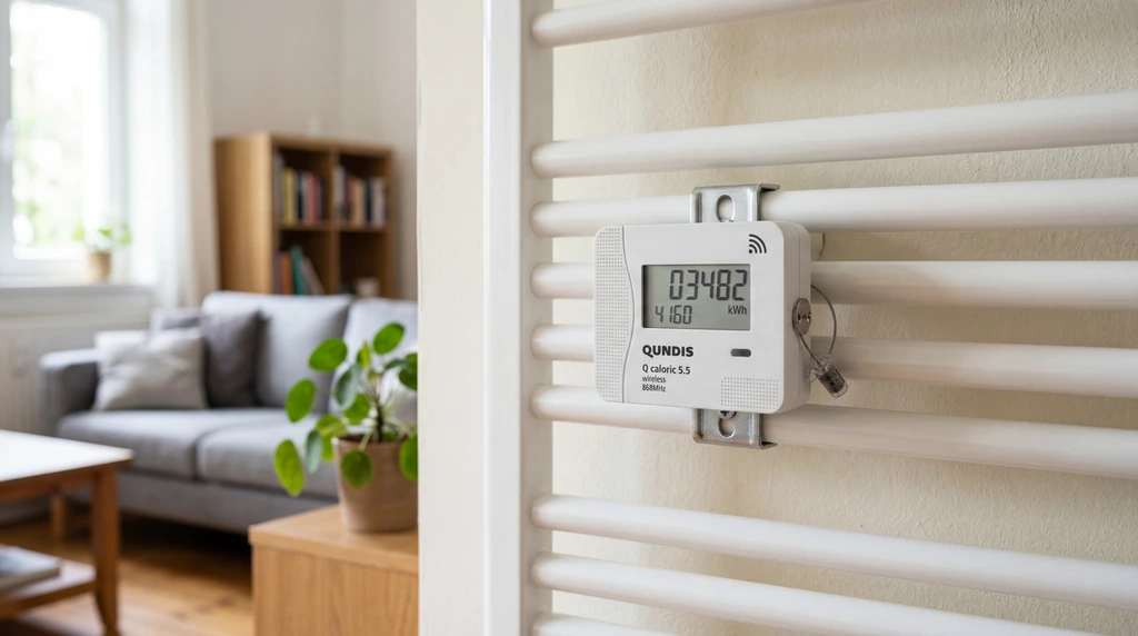 Ein moderner, digitaler Funk-Heizkostenverteiler an einem Heizkörper, der den aktuellen Verbrauchswert anzeigt.