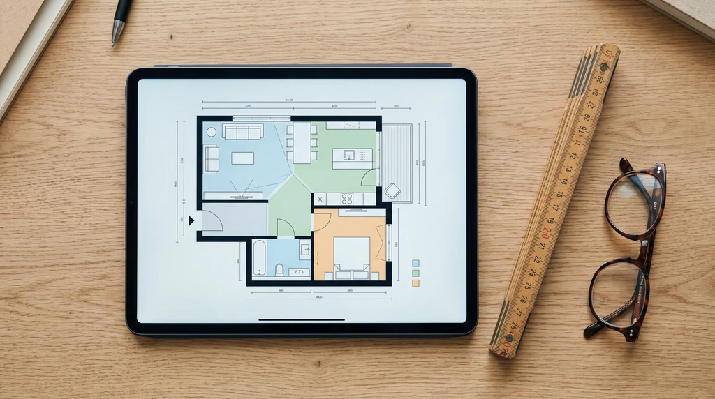 Ein Tablet zeigt einen stilisierten Wohnungsgrundriss mit Flächenangaben, daneben liegt ein Zollstock.